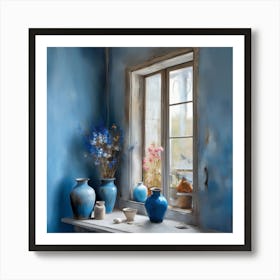 Blue wall. Open window. From inside an old-style room. Silver in the middle. There are several small pottery jars next to the window. There are flowers in the jars Spring oil colors. Wall painting.41 Art Print