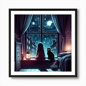 Little Girl Looking Out Window At Night Art Print