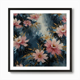 Pink Flowers On A Blue Background Art Print