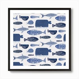 Blue Fish Whales Bathroom Pattern Poster