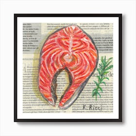 Salmone Slice On Newspaper Food Seafood Kitchen Rustic Bright Decor Art Print