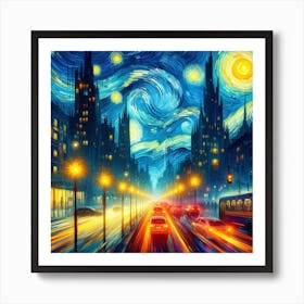 Neon Sonata of the Cityscape, Inspired by Vincent van Gogh's swirling Starry Night and emotive brushstrokes 3 Art Print