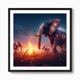 Elephants By The Campfire Art Print
