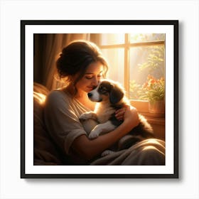 A Newborn Puppy Cuddling In The Arms Of A Content Woman Warm Sunlight Filtering Through A Nearby W (1) Art Print