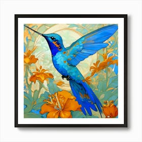 Blue Hummingbird With Orange Blooms Art Print