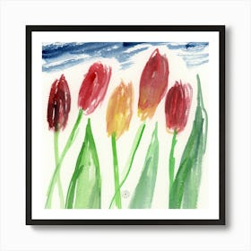 Five Tulips - watercolor flowers floral red green blue square Art Print