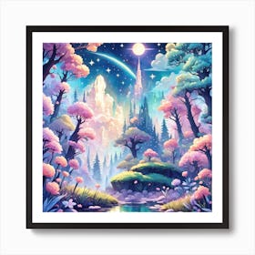 A Fantasy Forest With Twinkling Stars In Pastel Tone Square Composition 319 Art Print