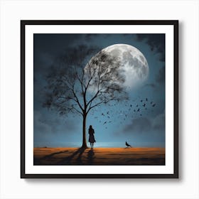 Shadow of the girl with the tree near the full moon 1 Art Print