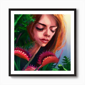 Woman smelling Venus Flytraps Art Print