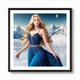 Woman in beautiful blue dress, night sky mountain scene Art Print