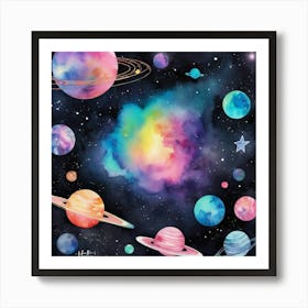 Hello Universe Space Neon Watercolor 12 Art Print 3 Art Print