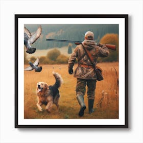 Dog Hunting With Pigeons Art Print