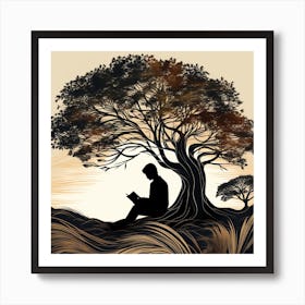 Silhouette Of A Man Reading Under A Tree Art Print