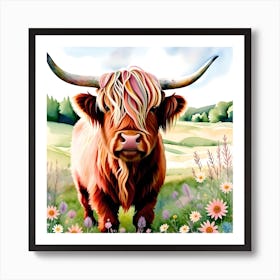 Highland Cow Wild Flowers Pink in Scottish Meadow Art Print