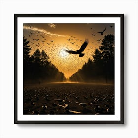 A Sea of Birds in the Sky, Their Shadows Cast by the Low Sun Across the Ground Below Póster