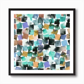 Watercolor Plaids Aqua Square Art Print