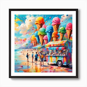 Ice Cream Cones Soaring High Above Flavorful Beach Stand Art Print