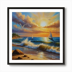 Oil painting design on canvas. Sandy beach rocks. Waves. Sailboat. Seagulls. The sun before sunset.9 Art Print