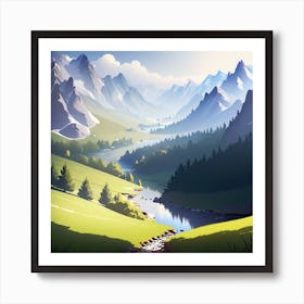 Landscape With Mountains And River Art Print