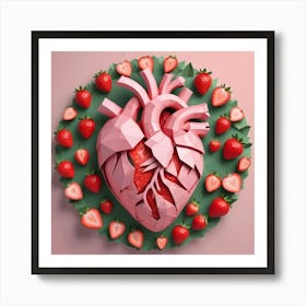 A Polygonal Heart Surrounded By Strawberries On A Pink Background Art Print