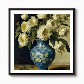 Peonies In A Blue Vase 1 Art Print