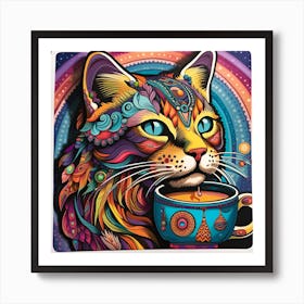 Cat With A Cup Of Coffee Whimsical Psychedelic Bohemian Enlightenment Print 4 Art Print