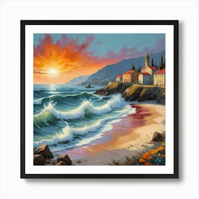 Beautiful seaside in a sunset with the gentle waves, painting art Art Print