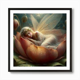 Sweet Dreams, A serene fairy with delicate wings slumbers peacefully in the heart of a blossoming flower, surrounded by an enchanted, dimly lit floral realm. Dewdrops embellish the petals, enhancing the scene's magical essence. classic art Art Print