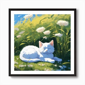 White Cat In The Grass Art Print
