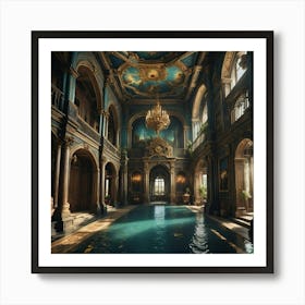 interno palazzo antico con piscina colore oro finestre archi Art Print