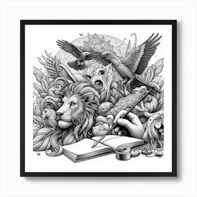 Lion And Bird Drawing Art Print