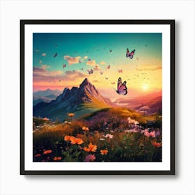 Firefly Mountain, Scenery, Nature, Sunrise, Butterfly, Wings, Paintbrush, Paints, Scattered, Small L (3) Art Print