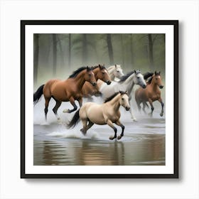 Horses Running In The Water 7 Art Print