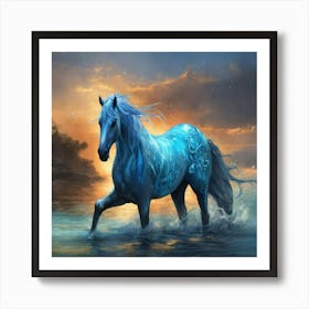 Blue Horse In The Water Art Print