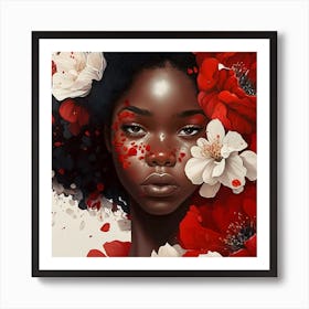 Black Girl With Red Flowers Art Print