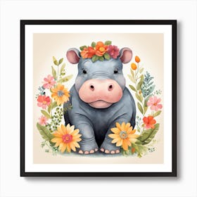 Floral Baby Hippo Nursery Illustration (3) Art Print