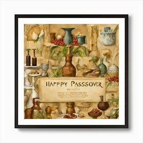 Happy Passover- passover, seder plate, pottery, rustic, herbs, celebration, jewish holiday, traditional, wine bottles, matzo Art Print