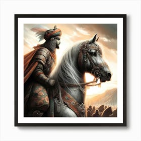 Osmanian Empire Rider On Decorated Horse Color Ink Drawing Art Print