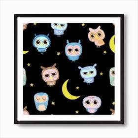 Cute Owl Doodles With Moon Star Seamless Pattern Art Print