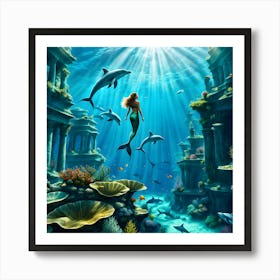 A Beautiful Mermaid Swimming With Dolphin Underwater In Lost City Of Atlantis Underwater Photo Wid 654769233 Art Print