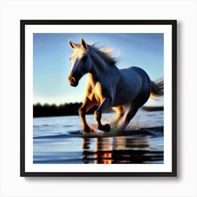 White Horse Running In Water 4 Art Print