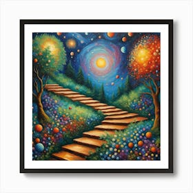 Stairway To Heaven. Galactic Pathway: Whimsical Landscape Art with Radiant Galaxy and Illuminated Trees Art Print