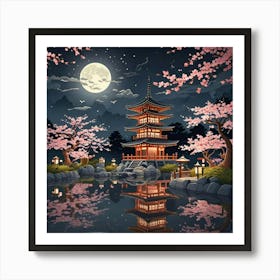 Japenese Pagoda Landscape With Moon Art Print (2) Art Print