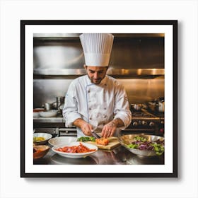 A captivating image of a chef in a busy restaurant kitchen, skillfully preparing a dish with fresh, colorful ingredients. This image communicates culinary expertise and the vibrant atmosphere of a restaurant, suitable for use in the food and hospitality industry. Art Print