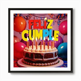 Feliz cumple and Feliz cumpleaños sign means Happy Birthday in Spanish language, Birthday party celebration gift with birthday cake candle colorful balloons best congratulation over light background wall artvFeliz Cumple Art Print