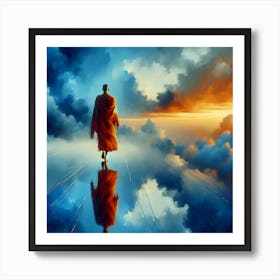 Monk Walk In Sky Reflection Color Paint Art Print