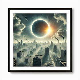 Solar Eclipse Over A Post Apocalyptic City AI Art Print