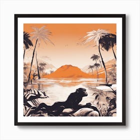 A Silhouette Of A Ape Wearing A Black Hat And Laying On Her Back On A Orange Screen, In The Style Of (2) Art Print