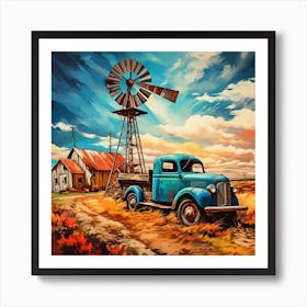 Blue Truck And Windmill Art Print