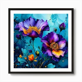 Flowers On A Blue Background Art Print